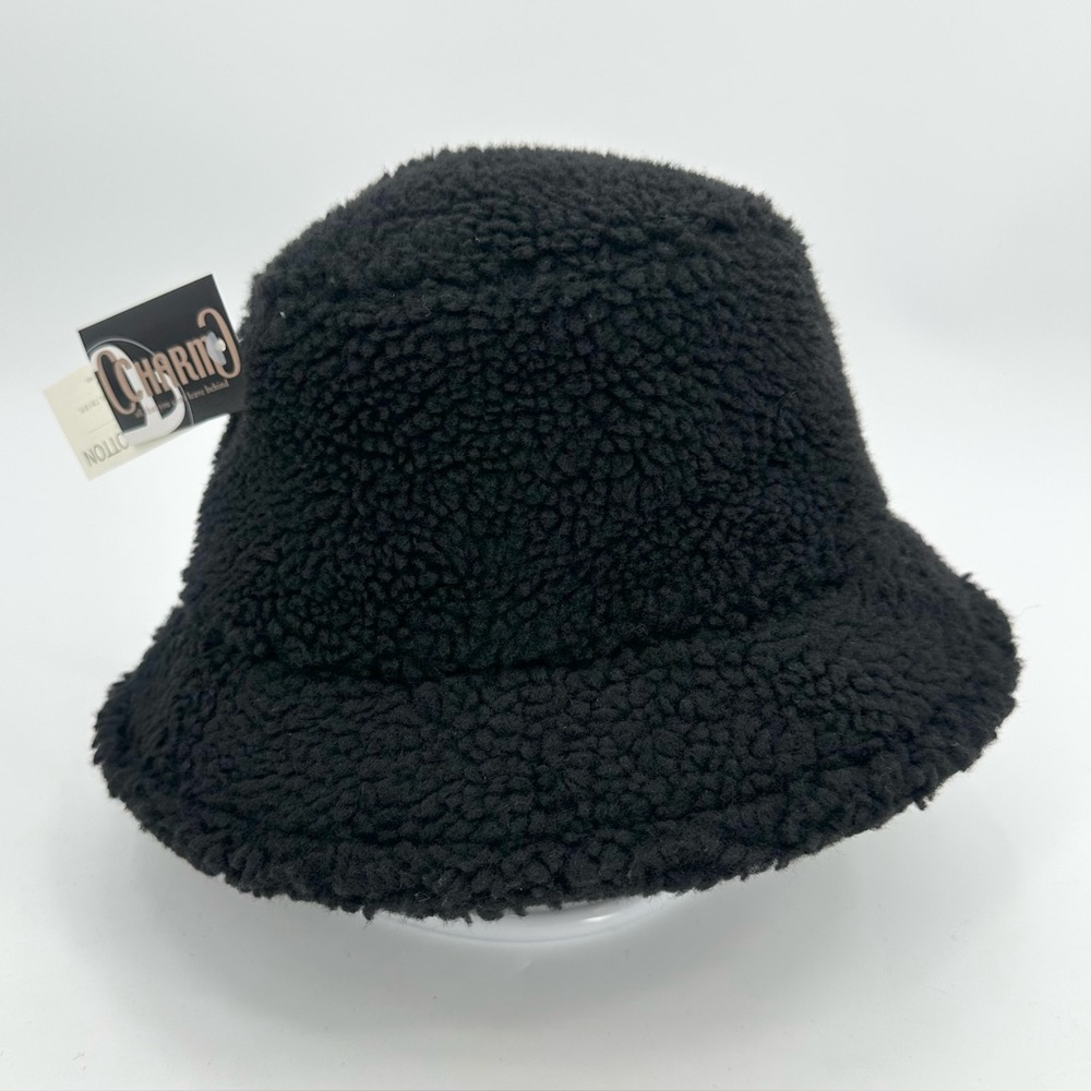 Bucket Hat Plush Faux Sherpa Winter by CHARM Black Organic Cotton Lined new
